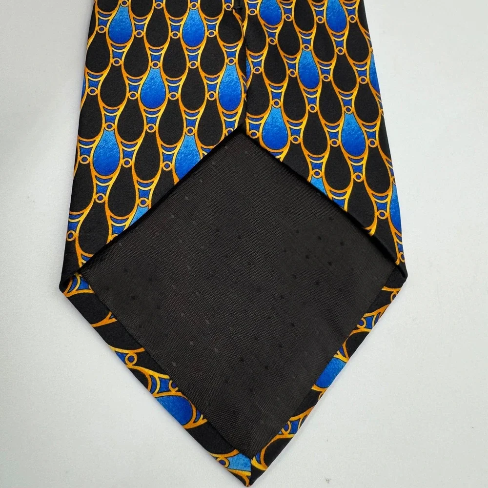Pavone Mens Silk Tie Italy Luxury Blue‎ Gold Black Pattern Necktie Vintage